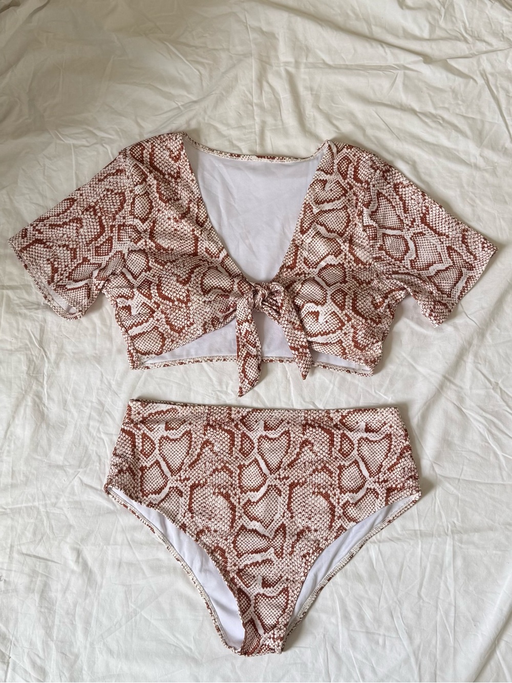 SHEIN Brown Snake Print Tie-Front Crop Bikini Set
